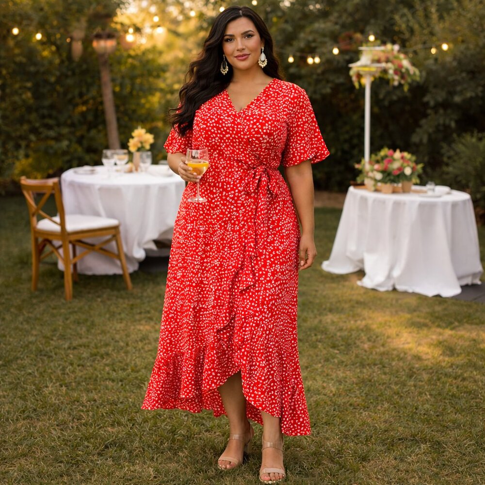 Red Floral Wrap Maxi Dress with Tie Waist